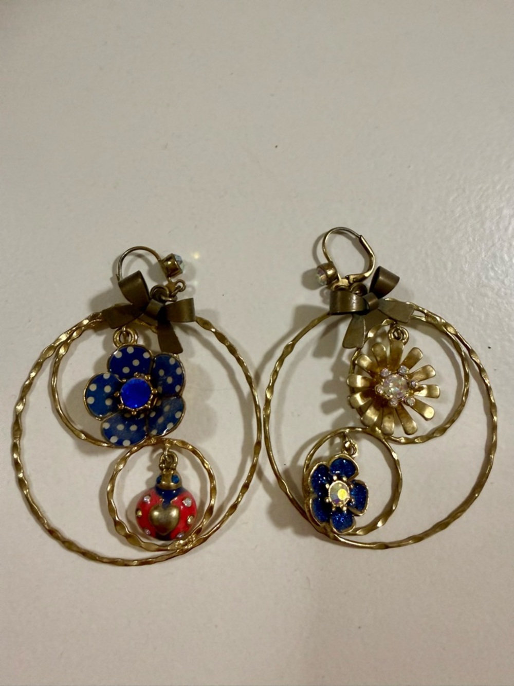 Gold-Tone Hoop Earrings with Blue Polka Dot Flower & Red Heart Charm